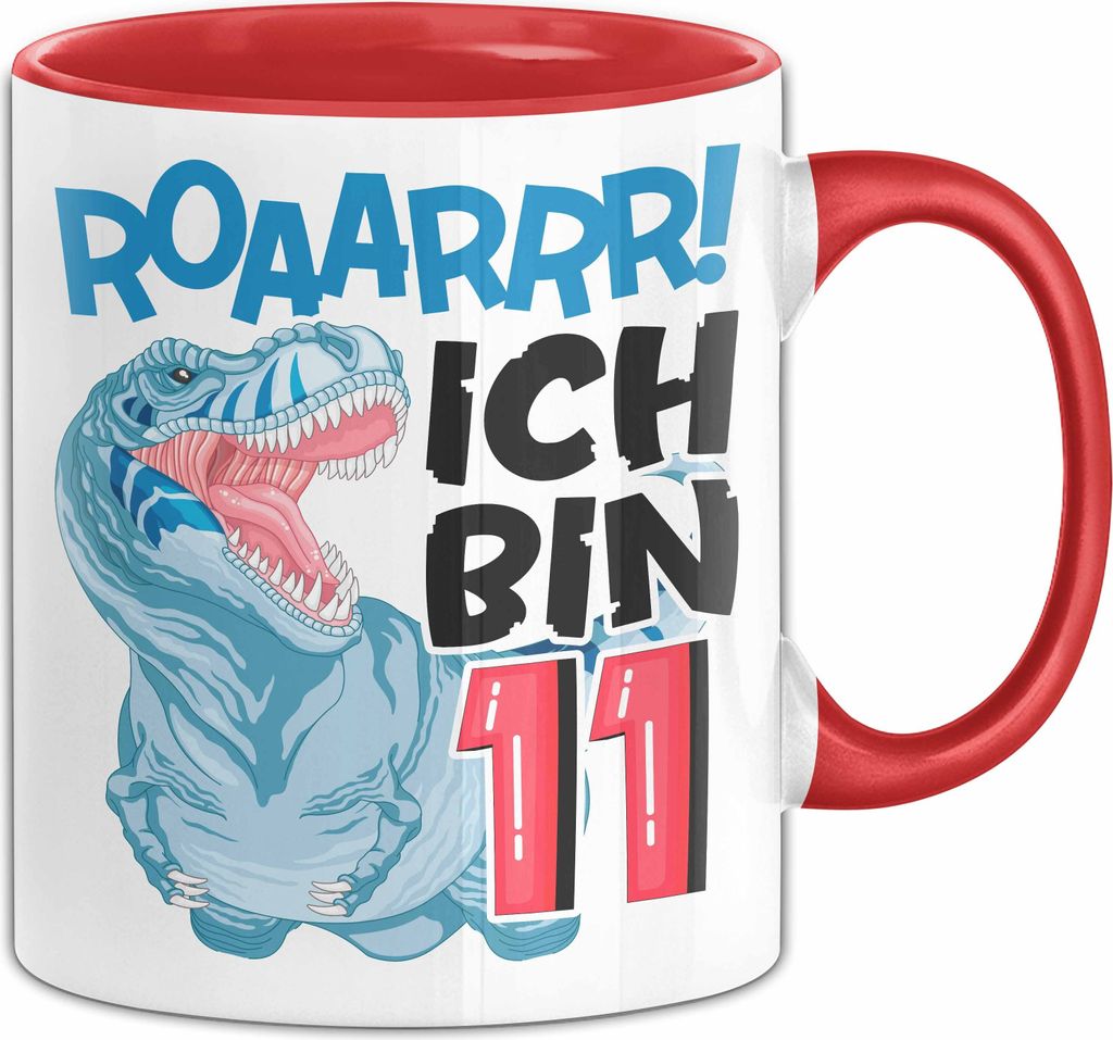 11. Geburtstag Geschenk Tasse Becher Jungs Dino T-Rex Roaarrr Ich Bin 11 (Rot)