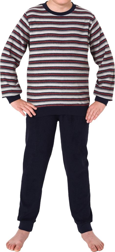 Jungen Frottee Schlafanzug Pyjama langarm mit Bündchen in Streifenoptik ; grau , 128
