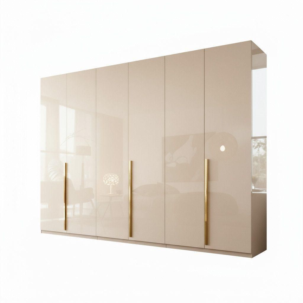 Kleiderschrank Prince 6‐türig Beige Hochglanz Griffe in goldfarben (Spar-Set) Maße ca.: Breite: 300cm / Tiefe: 62cm / Höhe: 218cm