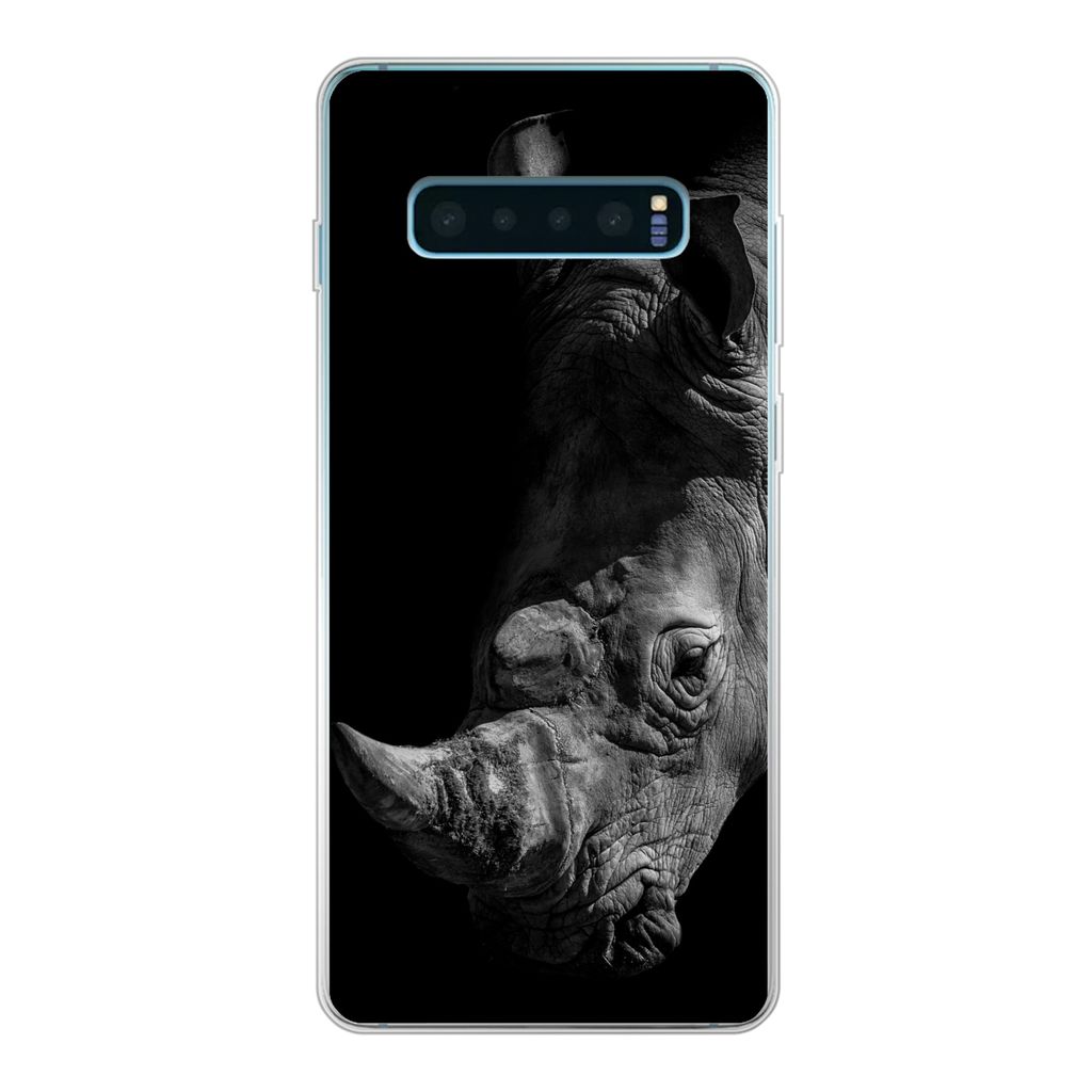 MuchoWow Handyhülle Schutzhülle Hülle für Samsung Galaxy S10 Lite Nahaufnahme eines Nashorns auf schwarzem Hintergrund Silikon Softcase Handy...