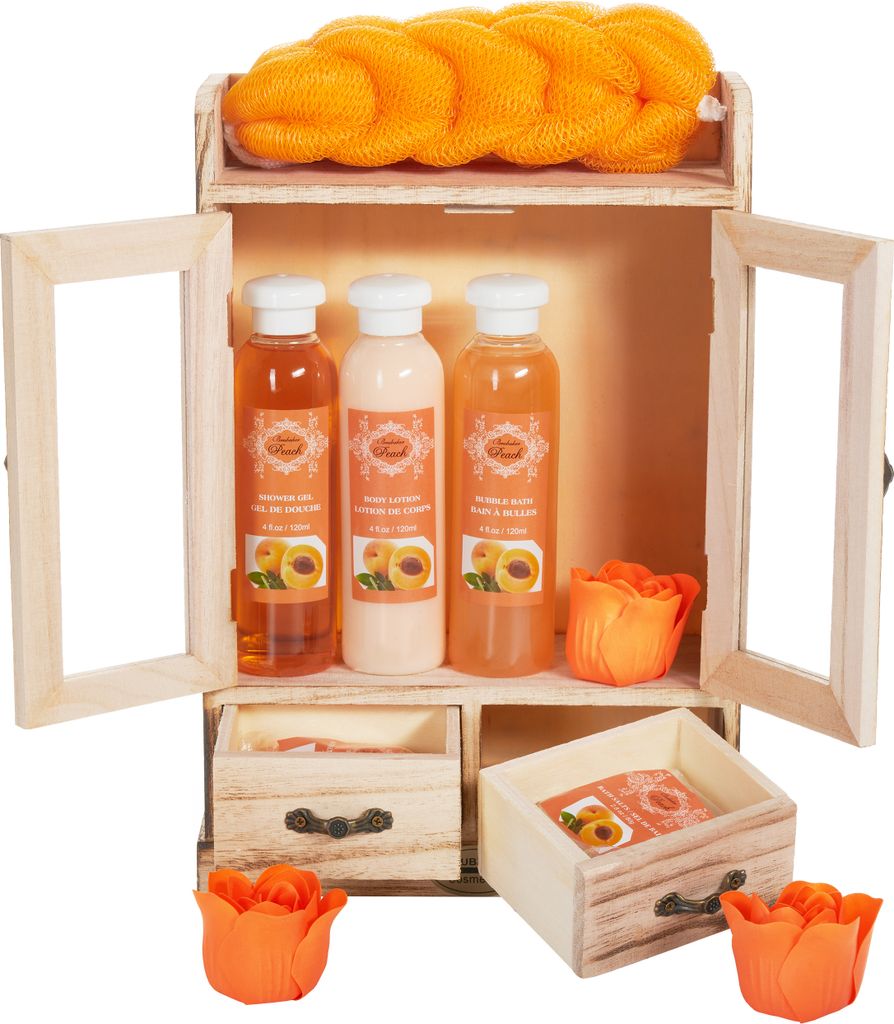 BRUBAKER Cosmetics Bade- und Pflegeset im Holzschrank - Wellness Badeset für Frauen - Damen Geschenkset mit Holz Dekoration, Pfirsich Duft