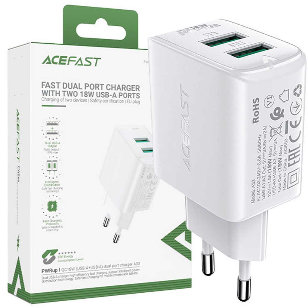 Acefast Power Ladegerät 2X Usb 18W Qc 3.0, Afc, Fcp Weiss Produktbild 