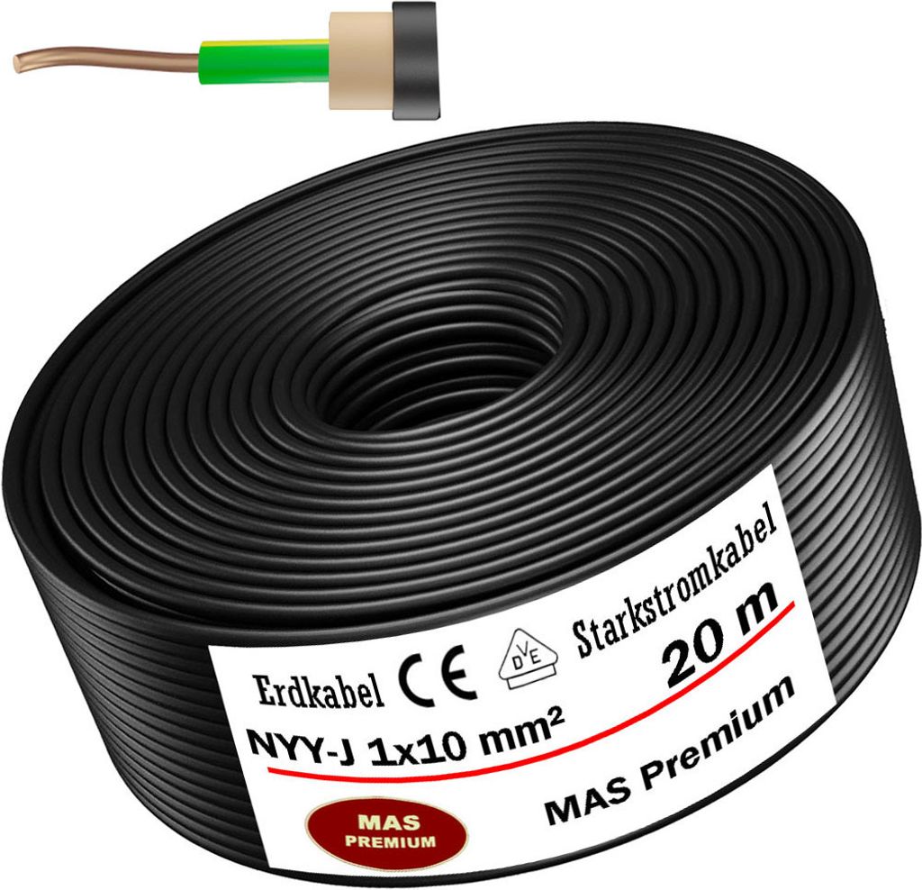 20m Erdkabel Starkstromkabel NYY-J 1x10 mm² Elektrokabel OFC Ring