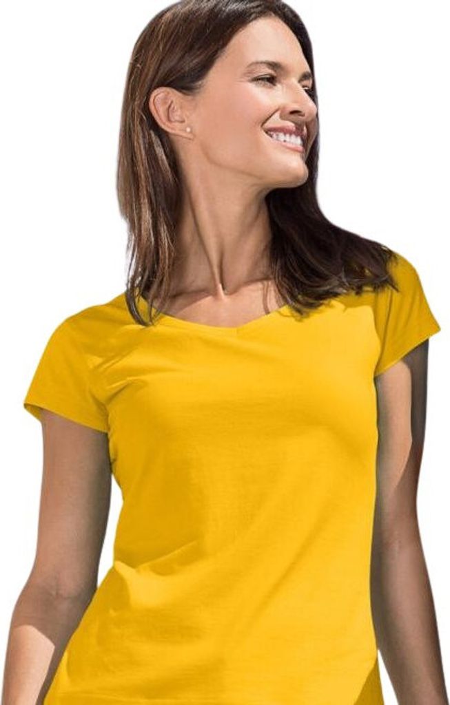 Baumwoll-T-Shirt mit V-Ausschnitt für Damen, 100% Baumwolle, unbedruckt, einfarbig, 180g/m2, Farbe gelb, Größe XL