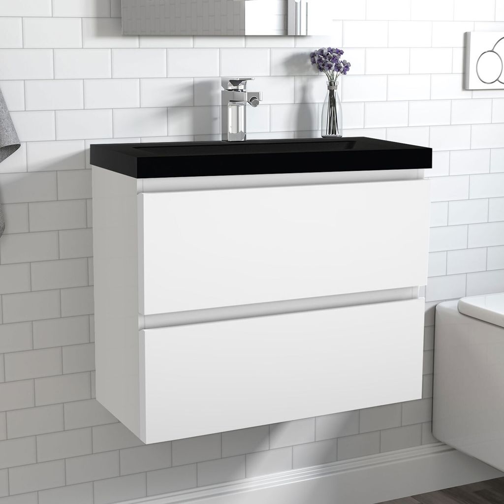 Badezimmermöbel 60cm KANY hochglanz Weiß Badmöbel set,Schwarz Mineralguss Waschtisch,Badezimmer Badmöbel mit 2 Schubladen,Selbstmontierter Unte...