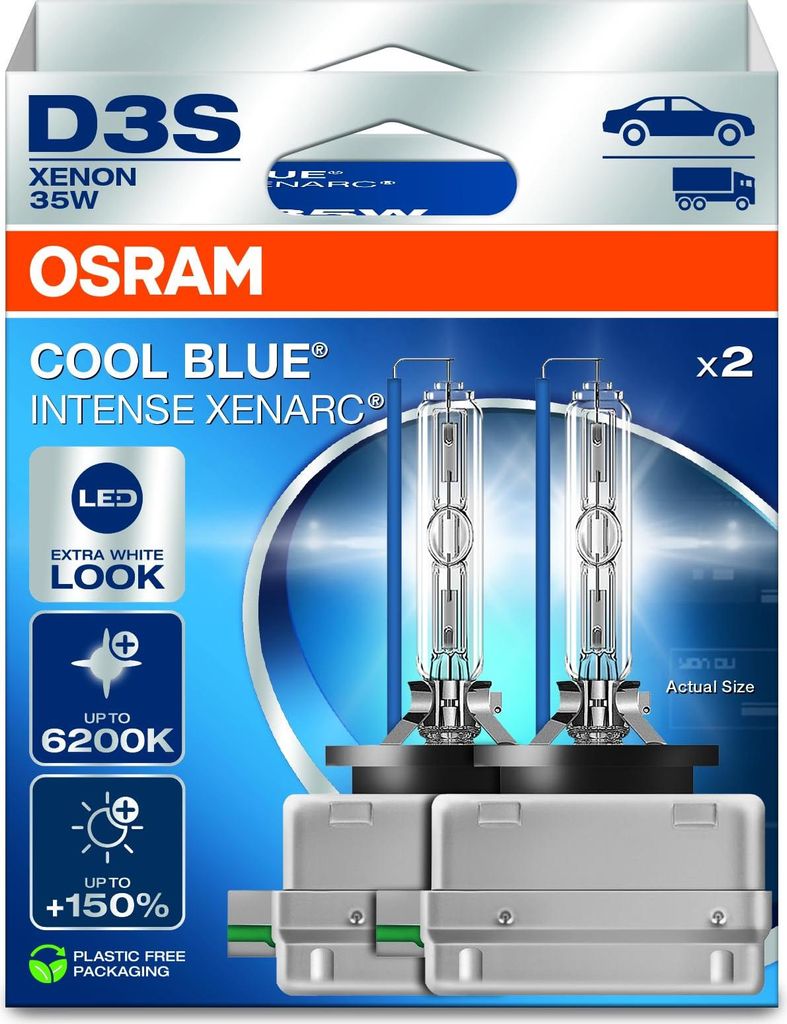 The image shows the packaging of OSRAM XENARC COOL BLUE INTENSE car headlights.