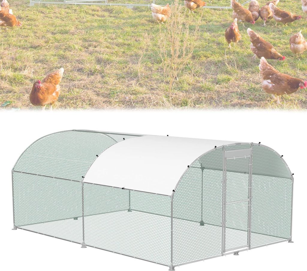 TRMLBE Hühnerstall 3x4 m Hühner Freilaufgehege Bogen Dach Verzinkter Stahl Rohr Hühnerhaus mit Sonnenschutz PE-Dach & Tür & Schloss Kleintierge...