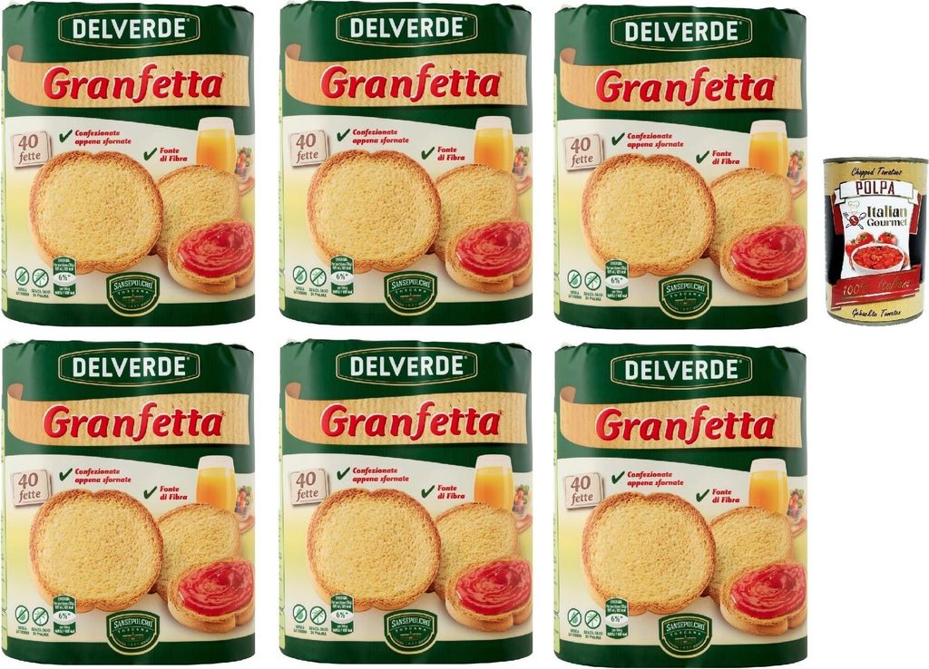 Delverde Granfetta Fette Biscottate 40 fette Zwieback duftend und leicht Kekse 6x 300g + Italian Gourmet polpa 400g
