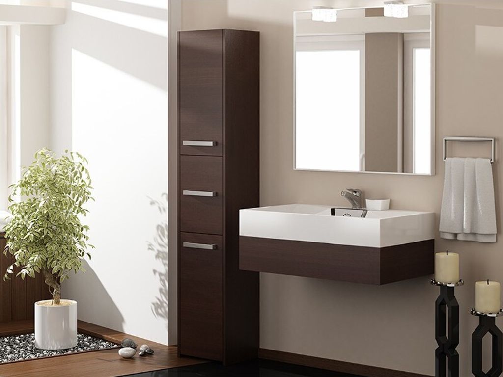 A modern bathroom vanity with a tall cabinet and a sink.
