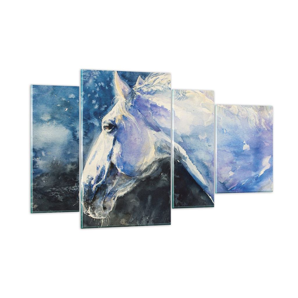 Bilder auf glas - 4 Teile - Pferd Aquarell Porträt - 120x70cm - Glasbilder - Wandbilder - Bilder - zum Aufhängen bereit - Wanddekoration aus Glas...