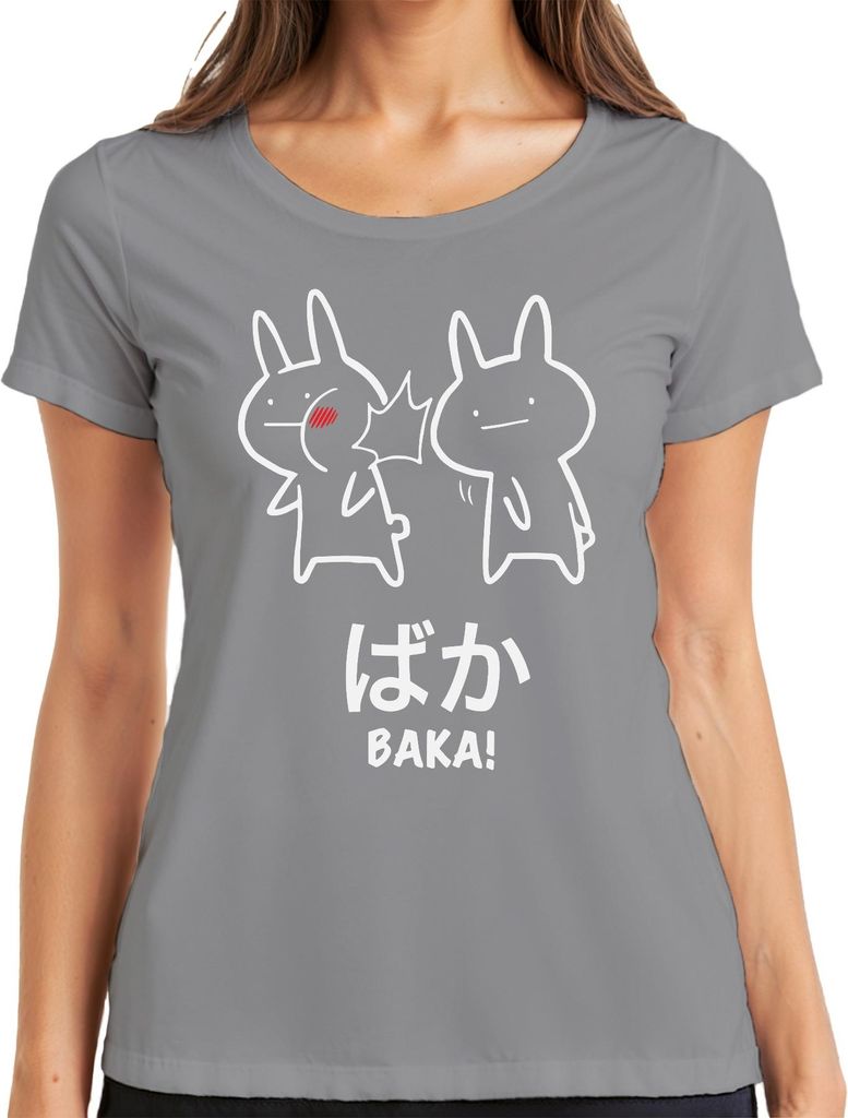 ばか BAKA! Anime Kawaii Hase Ohrfeige Otaku Manga Japan Chibi Cute Damen T-Shirt, Grau, L