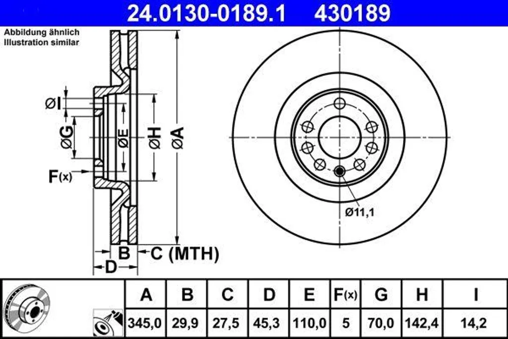 ATE 24.0130-0189.1 Disque de frein OE 569154 pour Opel Vectra