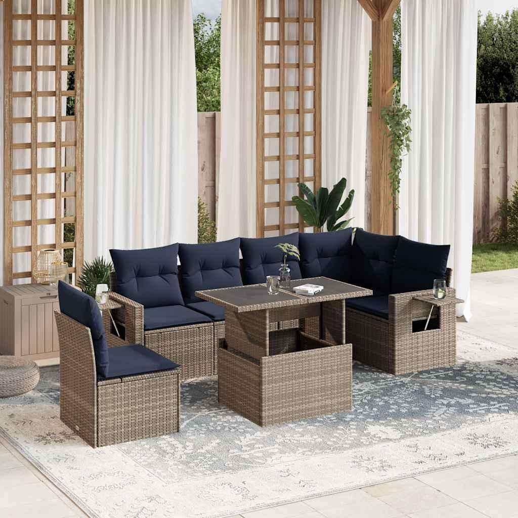 Möbel 7-teiliges Gartensofa-Set mit Kissen, grau, Polyrattan - Gartenmöbelgarnituren CC4746