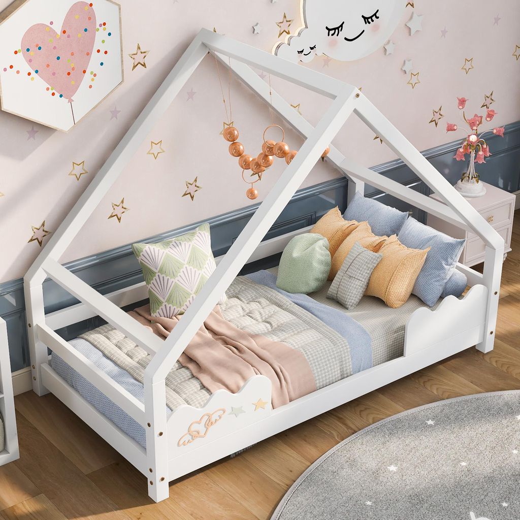 Sweiko Hausbett Kinderbett 90x200cm mit Rausfallschutz Spielbett Jugendbett Massivholz in Weiß