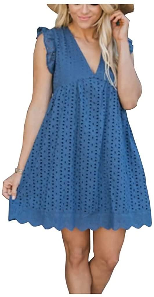ASKSA Damen Elegant Rüschen Kleider Integriertem Shorts Sommer V-Ausschnitt Minikleid Kleid mit Taschen, Dunkelblau, 3XL