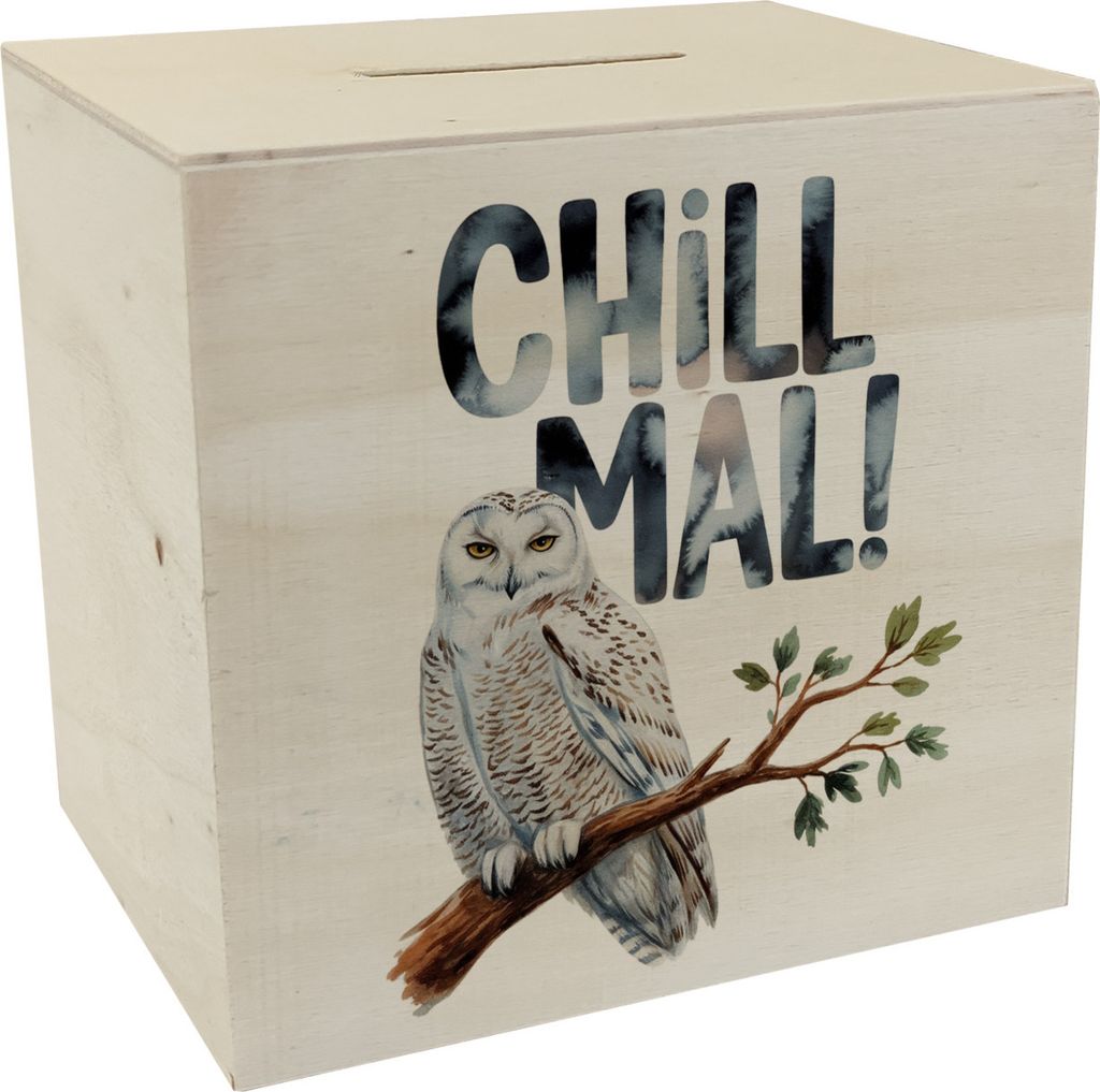 Entspannte Schneeeule Chill mal Spardose aus Holz