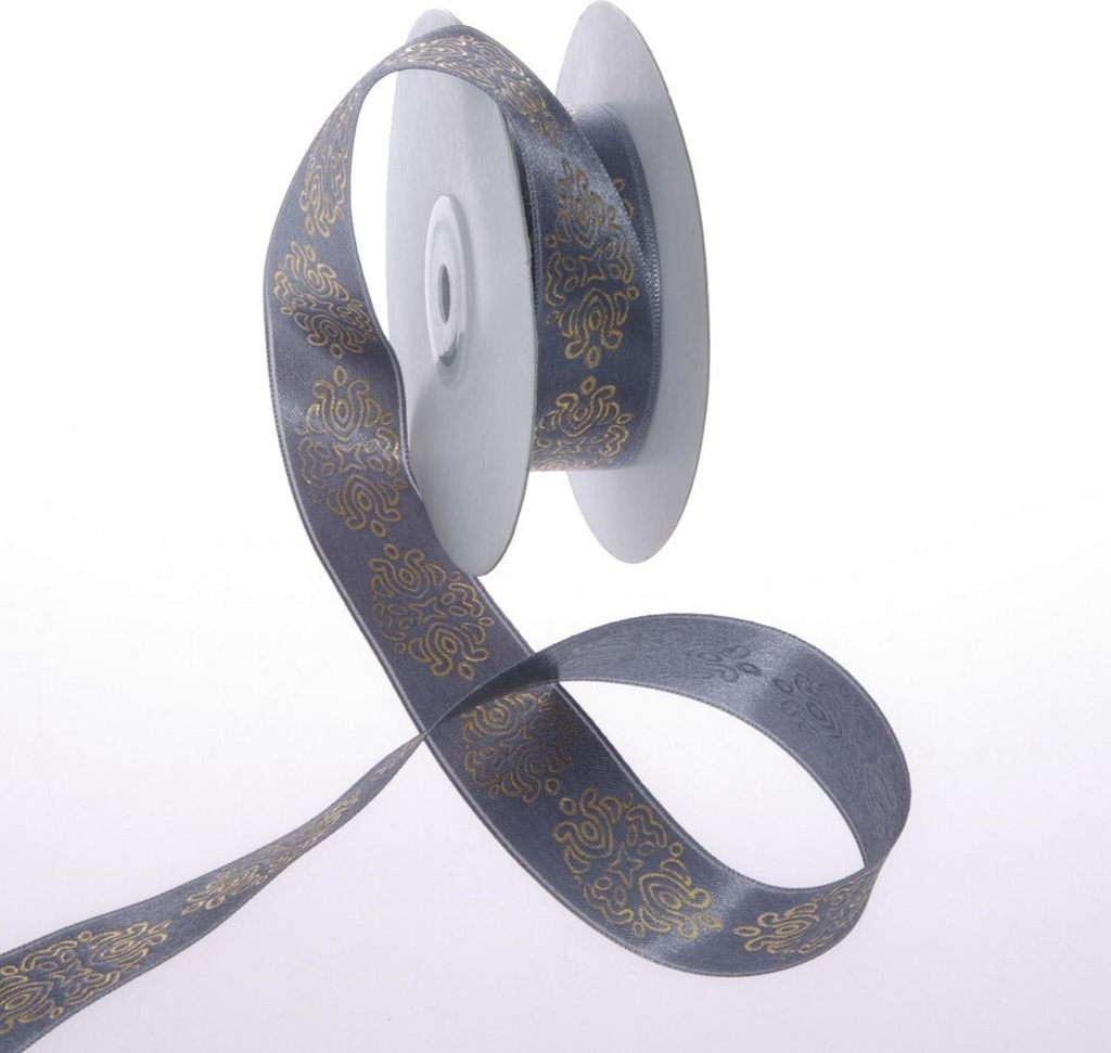 Satinband mit Ornamentdruck - 25mm - 15m - col. 83 grau-gold - 94515-25-15-83