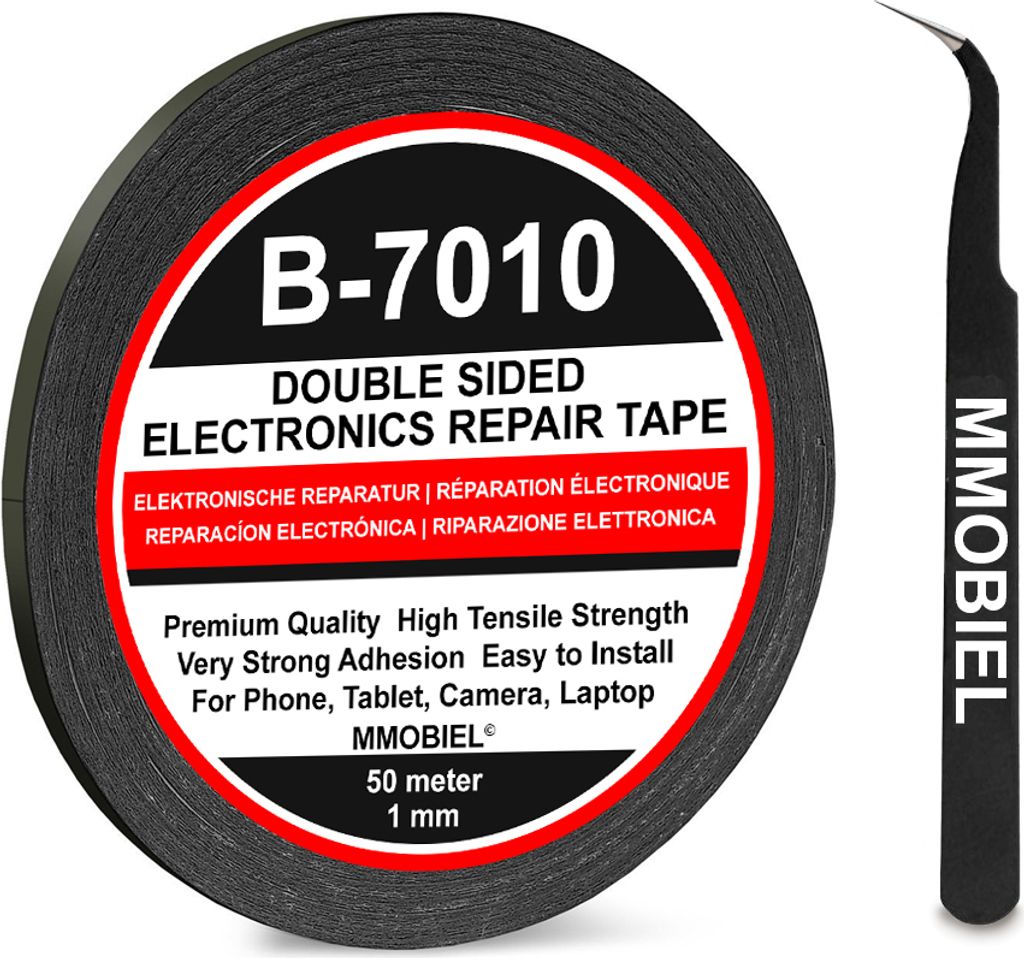 A roll of double-sided electronics repair tape and a pair of tweezers are shown against a white background.