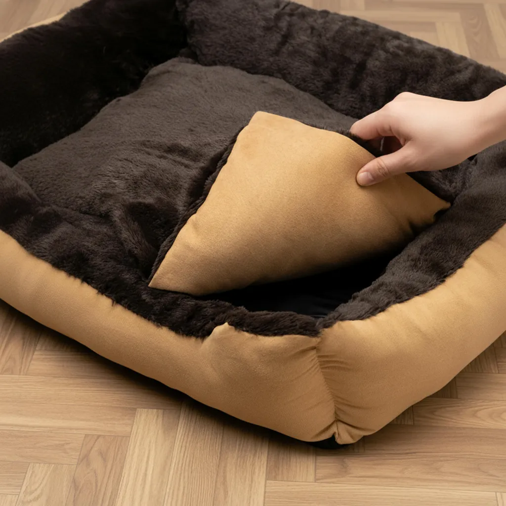 Lit Chien Antidérapant avec Coussin Réversible Douillet Beige / Marron - 3