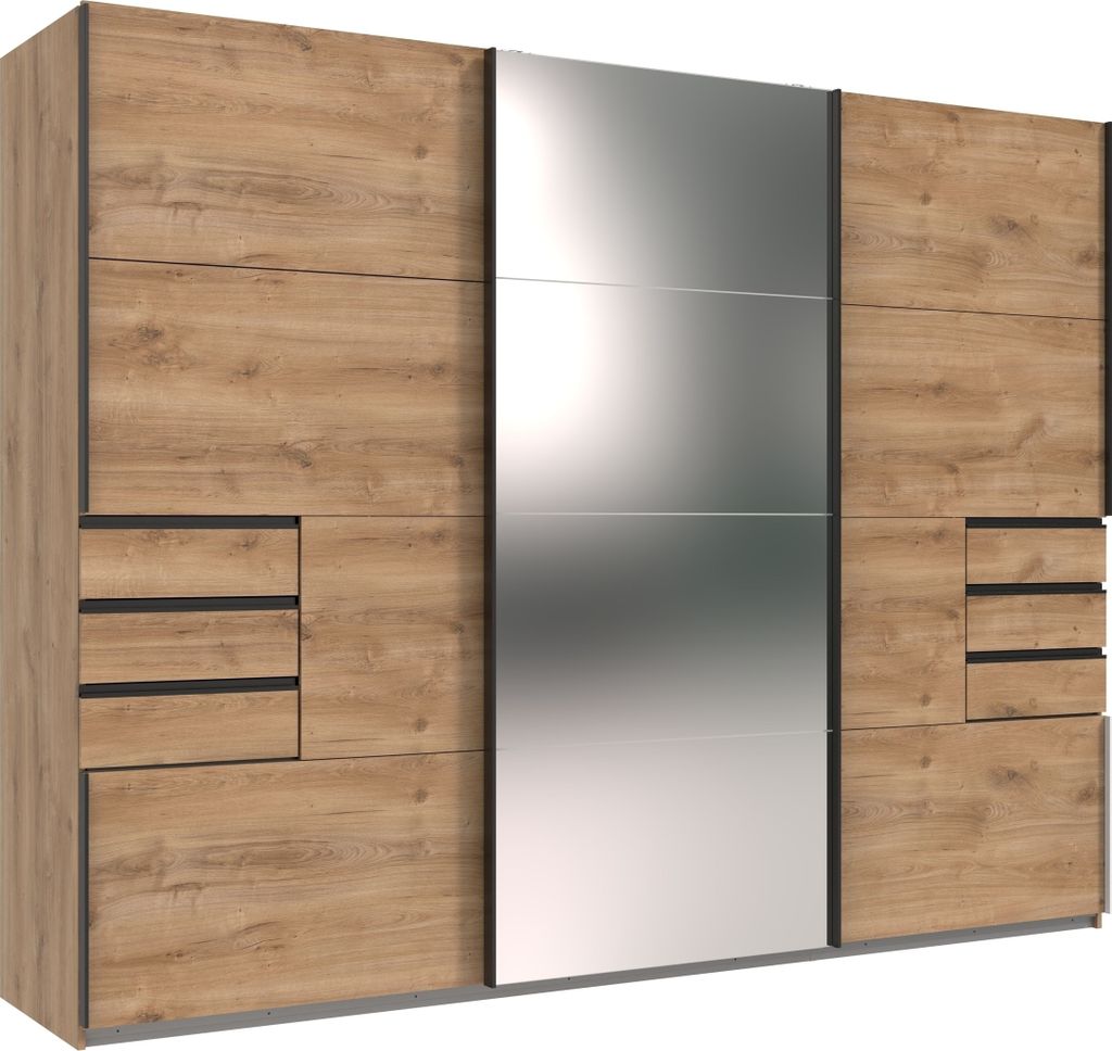 Schwebetürenschrank >Saigon< 6 Schübe, Spiegel / Plankeneiche Nachbildung - 270x208x64cm (BxHxT)