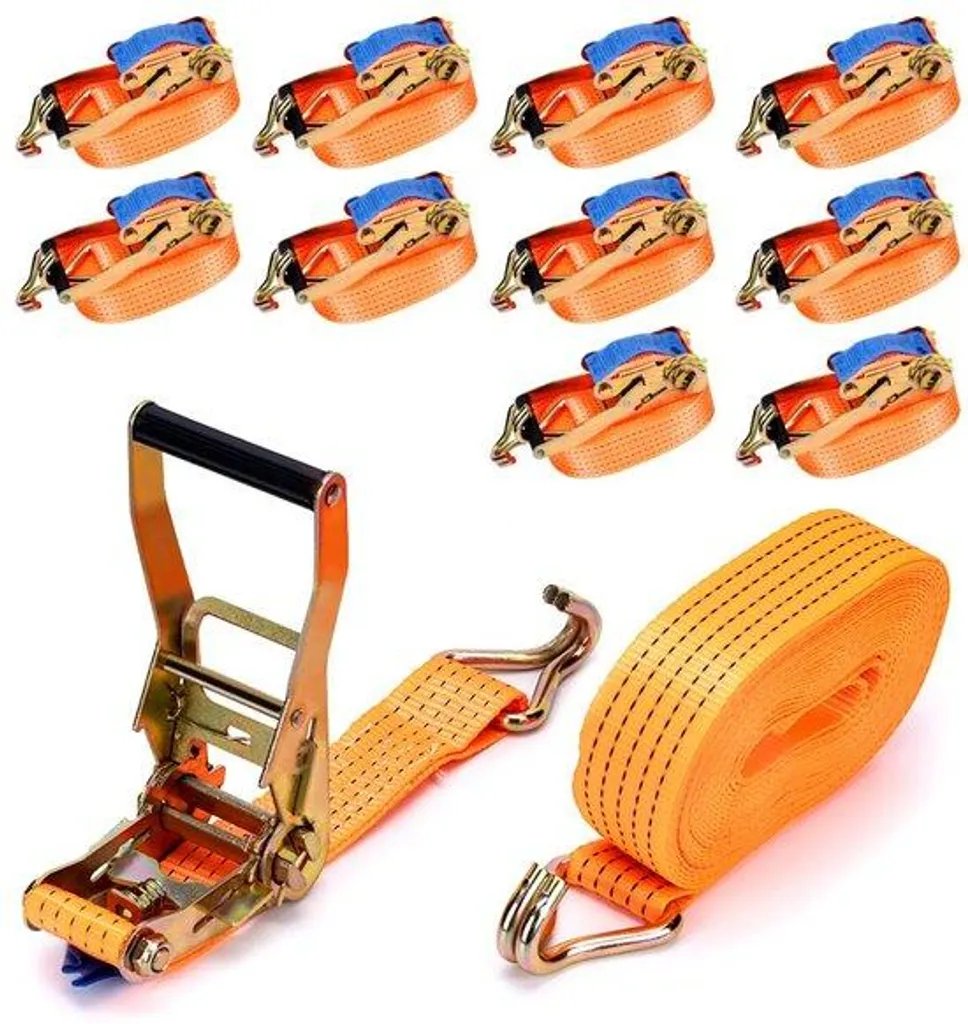 Sangle d'arrimage orange 8m 5000kg avec crochets double J 50mm