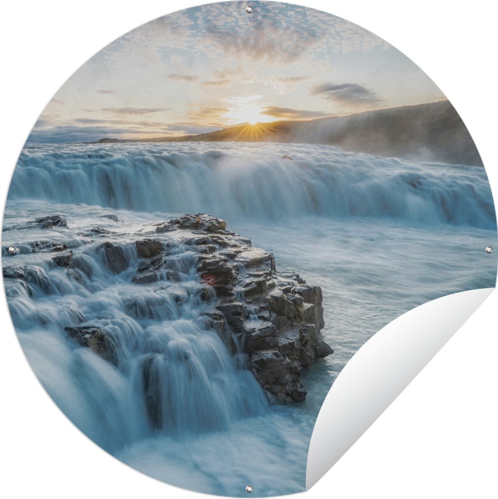 MuchoWow Gartenposter Outdoor-Poster Rund Wasserfall - Wasser - Steine - Sonne - Natur Ø 120 cm Gartendeko Rundes Poster draußen