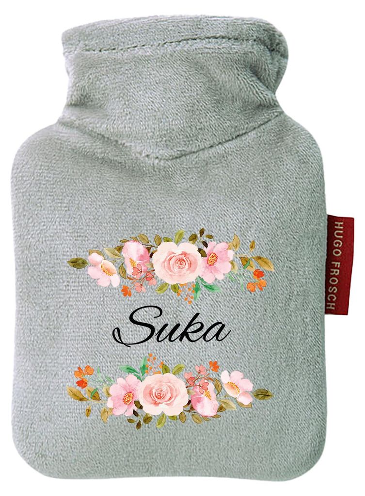 Huuraa Mini-Wärmflasche Suka russisch Blumen 0,2 Liter Grey Mini Veloursbezug Taschenwärmer Geschenkidee