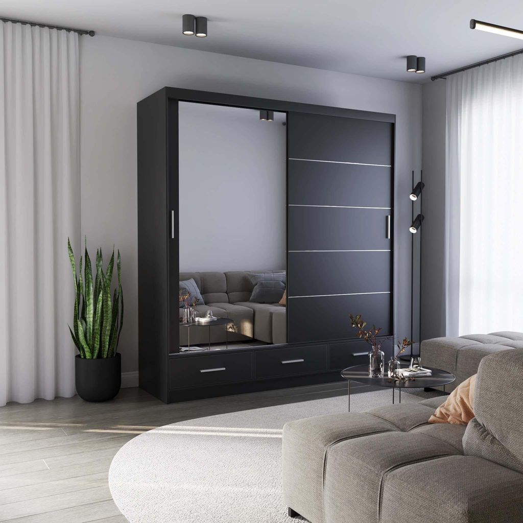 Schwebetürenschrank Kleiderschrank 203 cm Schwarz/Schwarz matt mit Spiegel Florence