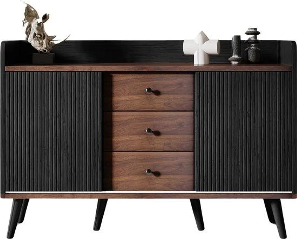 Étagère noire pour salon : rangement 3 tiroirs et tablettes déco 120cm