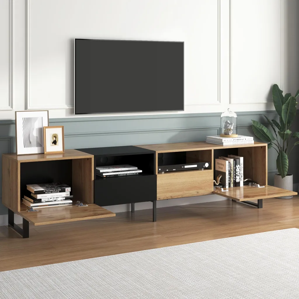 Meuble TV Long 190 cm Style Naturel avec Rangement et Pieds en Fer
