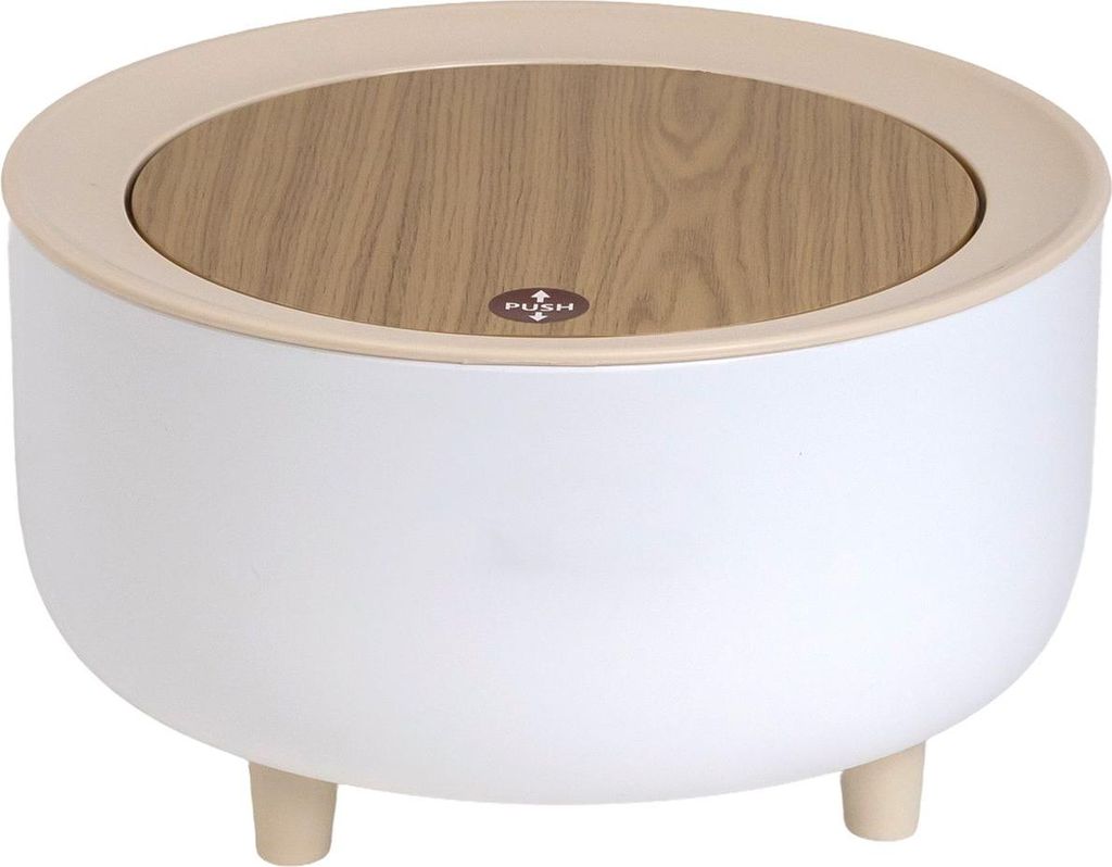 Intirilife Kosmetikeimer flacher Mülleimer in Weiß mit beiger Abdeckung und Bambus-Optik - 19.3 x 10.7 cm - Tischeimer mit Druckknopföffnung fü...