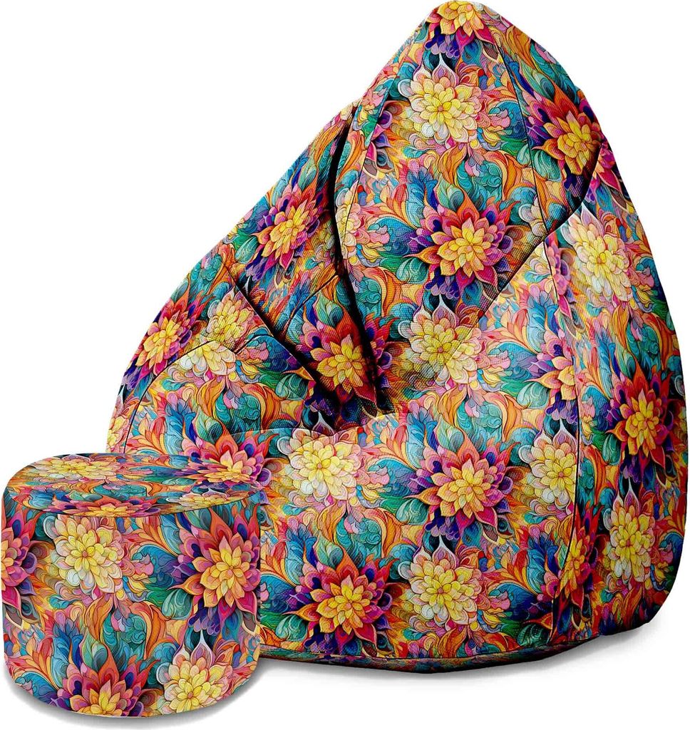 Dreamroots Bean Bag 80x80x120cm Sitzsack mit Lehne und Hocker und Bezug Sitzkissen Boden Chill Sack Bubibag Sitzsack Floral Geometric Pattern