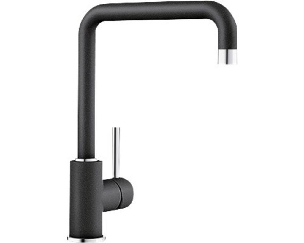 A black kitchen faucet with a silver handle against a white background.