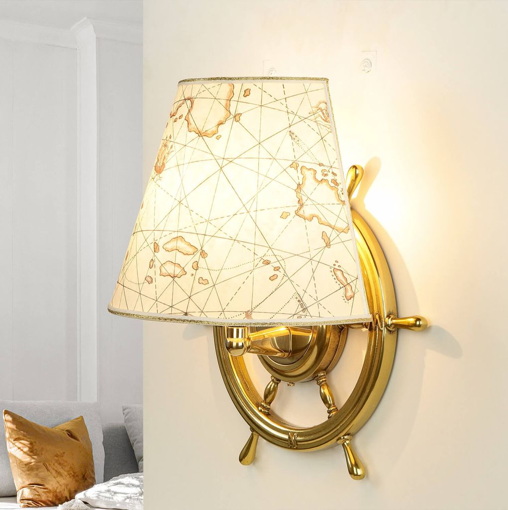 Maritime Lampe VELIERO aus Messing Papier Steuerrad Seekarte Wandleuchte Treppenhaus Schlafzimmer