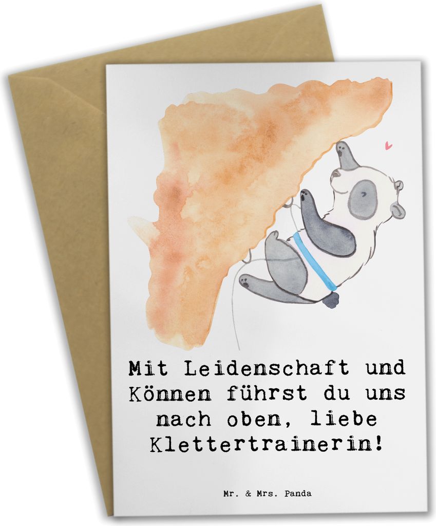 Mr. & Mrs. Panda Glückwunschkarte Klettern Trainerin - Weiß - Geschenk, Können, Leidenschaft, Danksagung, hochzeitskarten, Führung, Klappkarte,...