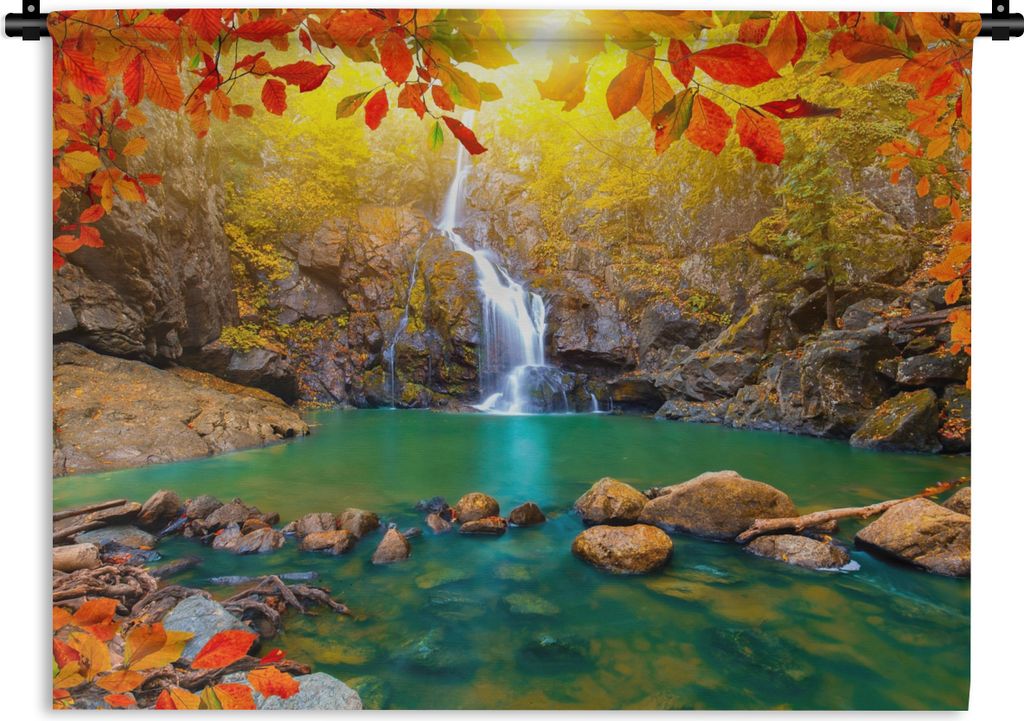 MuchoWow Wandteppich Wandbehang Steine - Baum - Wasserfall - Herbst - Rot 90x67.5 cm Tapisserie Dekoration Wandtuch - Fototeppich - Wand-Skulpturen
