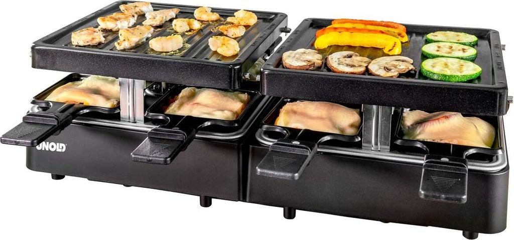 Das ausziehbare Raclette von Unold ist ein elektrischer Tischgrill mit zwei Abschnitten zum Grillen 
