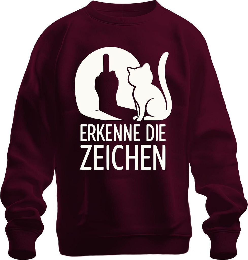 Erkenne die Zeichen Katze Mittelfinger Humor Geschenk Katzen Uni Sweatshirt Pullover, Burgundy, S