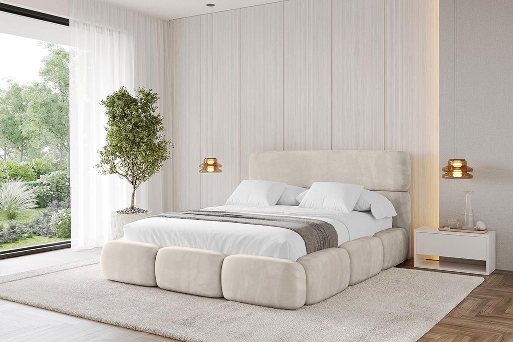 ALTDECOR Polsterbett mit Bettkasten - ELVA 140x200 Beige - Bett mit Matratze H3/H4, Kopfteil, Boxbett, Doppelbett mit Stauraum