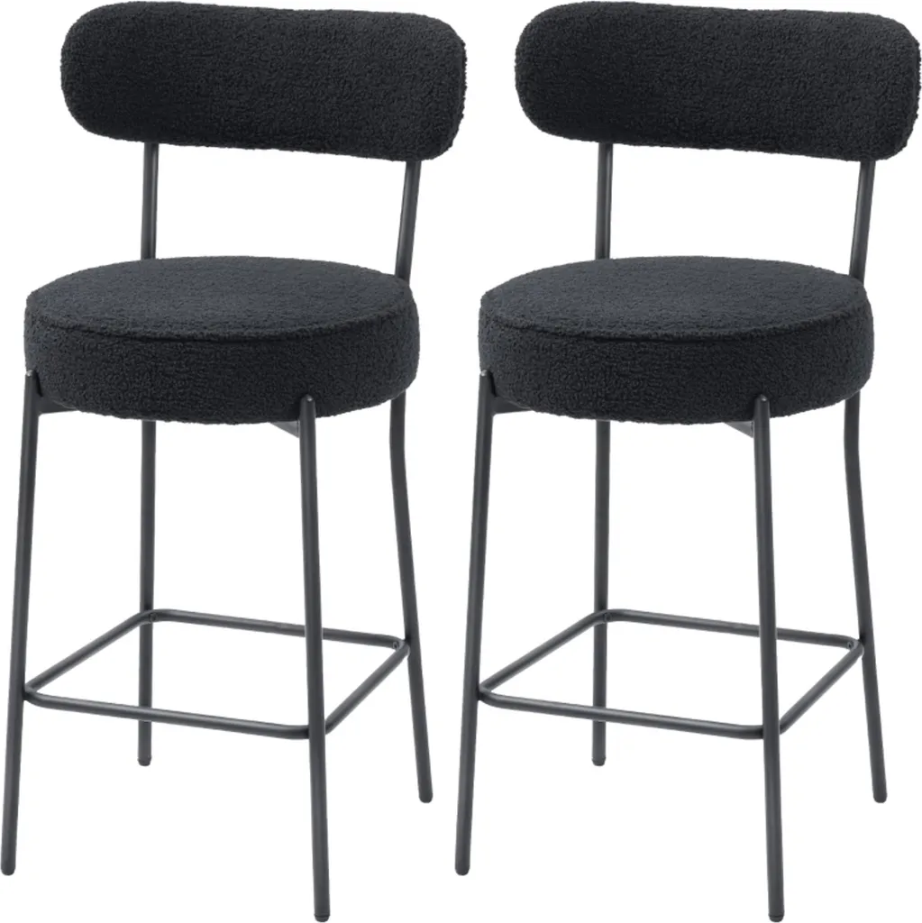 Lot de 2 tabourets de bar en polaire noire avec repose-pieds - 65cm