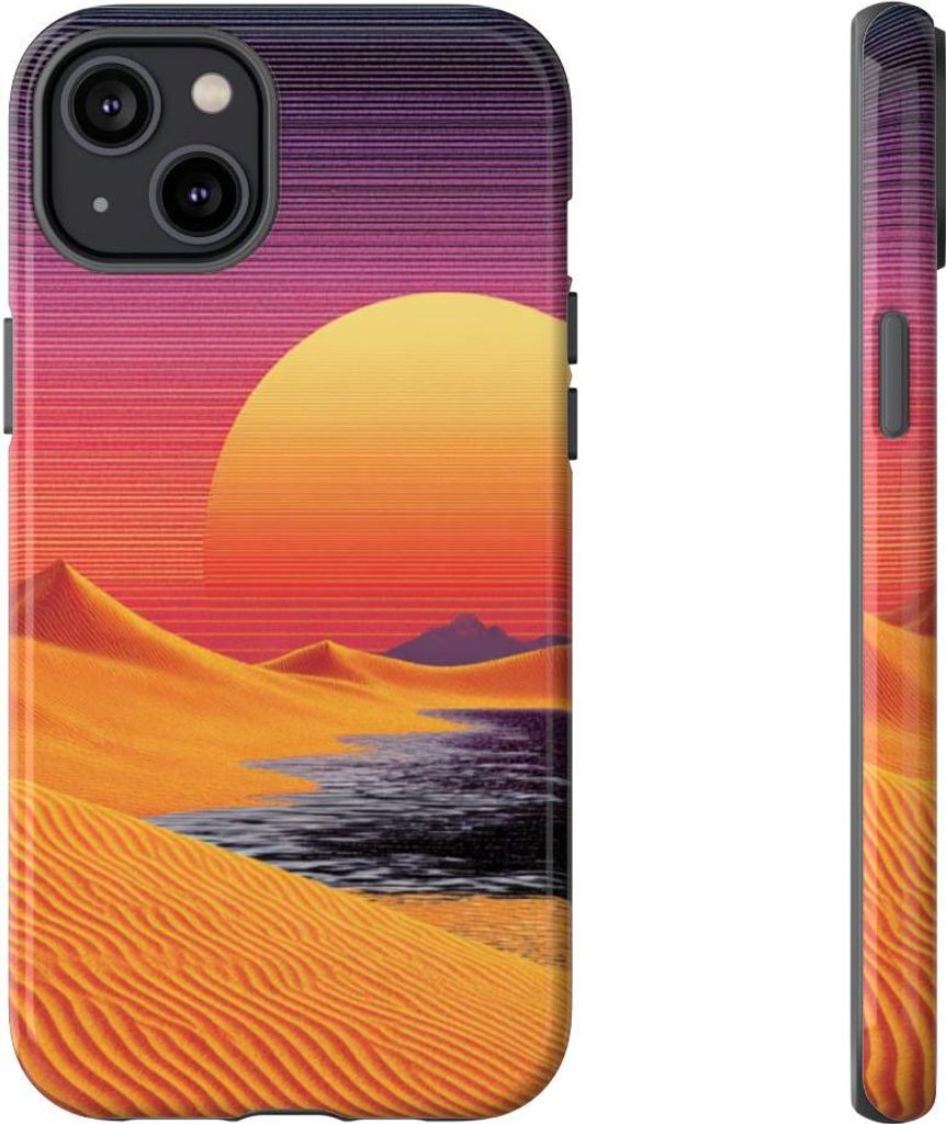 Sonnenuntergang über orangefarbenen Sanddünen im Retro-Look – Hülle Kompatibel mit iPhone 14 Plus