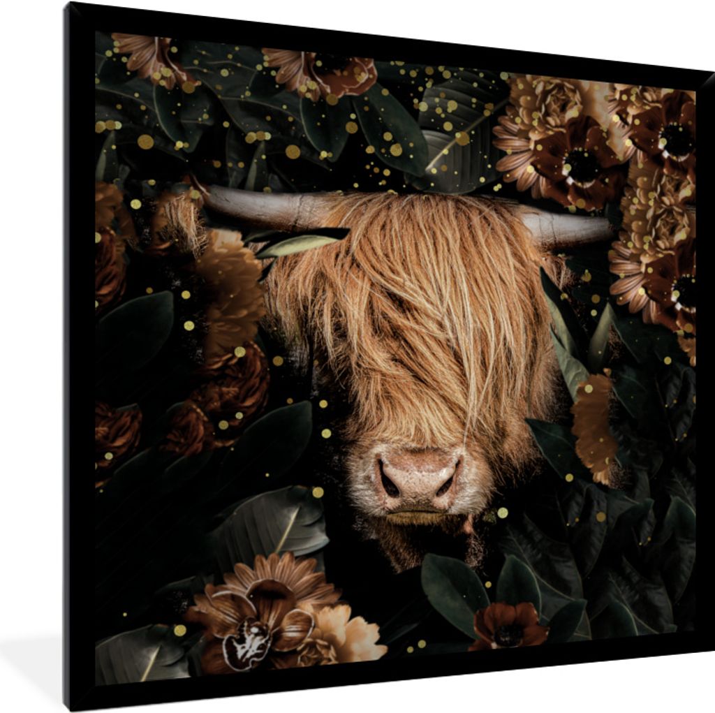 MuchoWow MuchoWow Gerahmtes Poster Schottisches Hochlandrind - Tiere - Blumen - Licht 40x40 cm - Poster mit zchwarzem Bilderrahmen - Mit Rahmen...