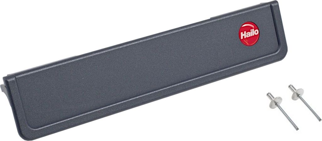 A gray handle strip with a red logo and two rivets on a white background.