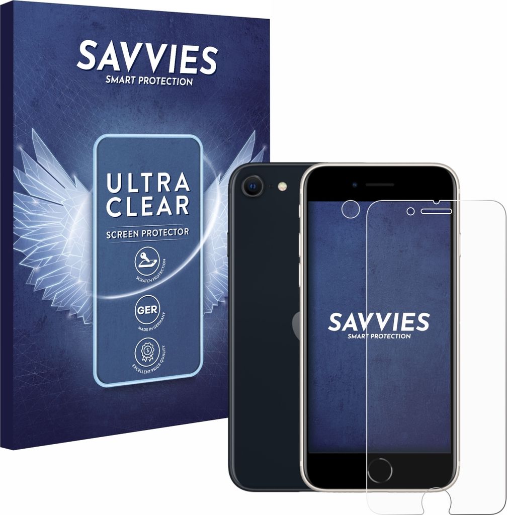 A product shot featuring packaging for a screen protector and the screen protector itself next to a smartphone.