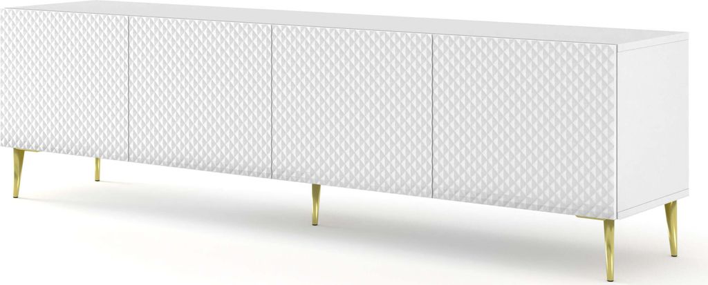 FURNLUX Tv-ständer Ravenna C Weiss Und Glänzend Reinweiss Und Gold 200cm / Hauptfarbe: Weiß / Abmessungen: 200 x 56 x 42 cm