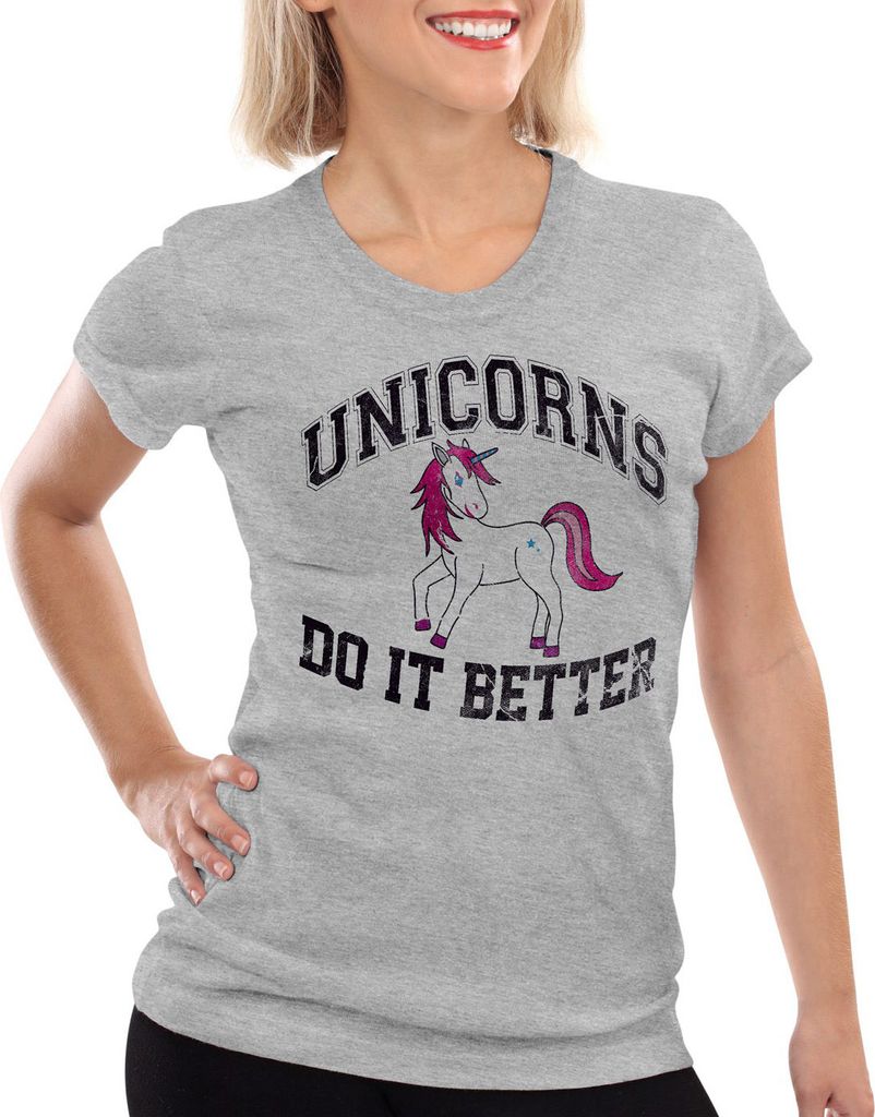 style3 Unicorns Do It Better Damen T-Shirt Einhorn Fun Shirt, Farbe:Grau meliert, Größe:XS