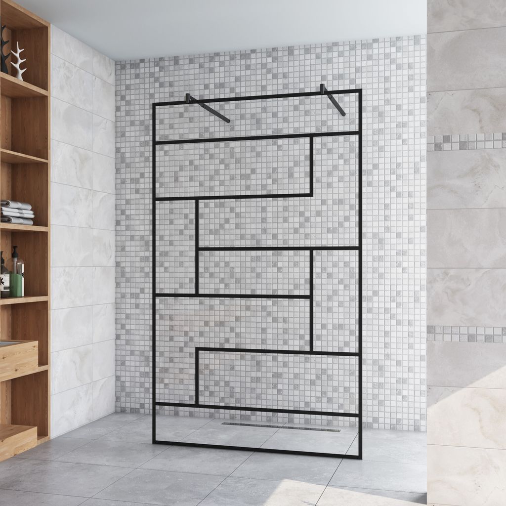 87.7x200cm+ mit 2 70-120cm Schwarz Stabilisator 8mm Nano Sicherheitsglas Walk in unregelmäßige Form Streifen Duschwand Duschabtrennung