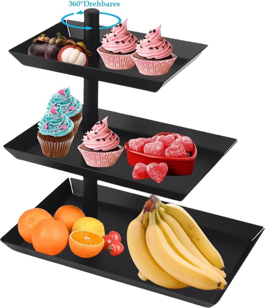 3-stöckiger schwarzer drehbarer Cupcake-Ständer aus Metall für Obst, Kuchen, Muffins und Snacks