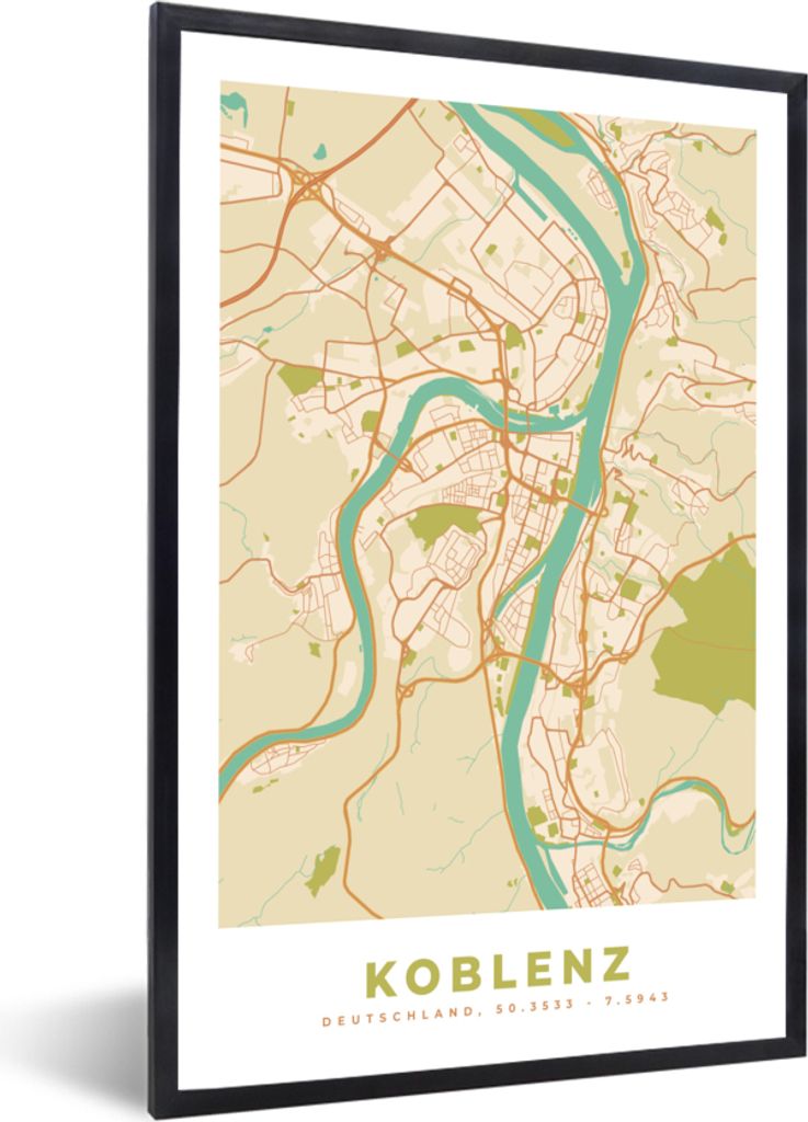 MuchoWow Gerahmtes Poster Koblenz - Karte - Stadtplan - Vintage 20x30 cm - Poster mit Schwarzem Bilderrahmen Wandposter Rahmen Foto Bilder - Druc...