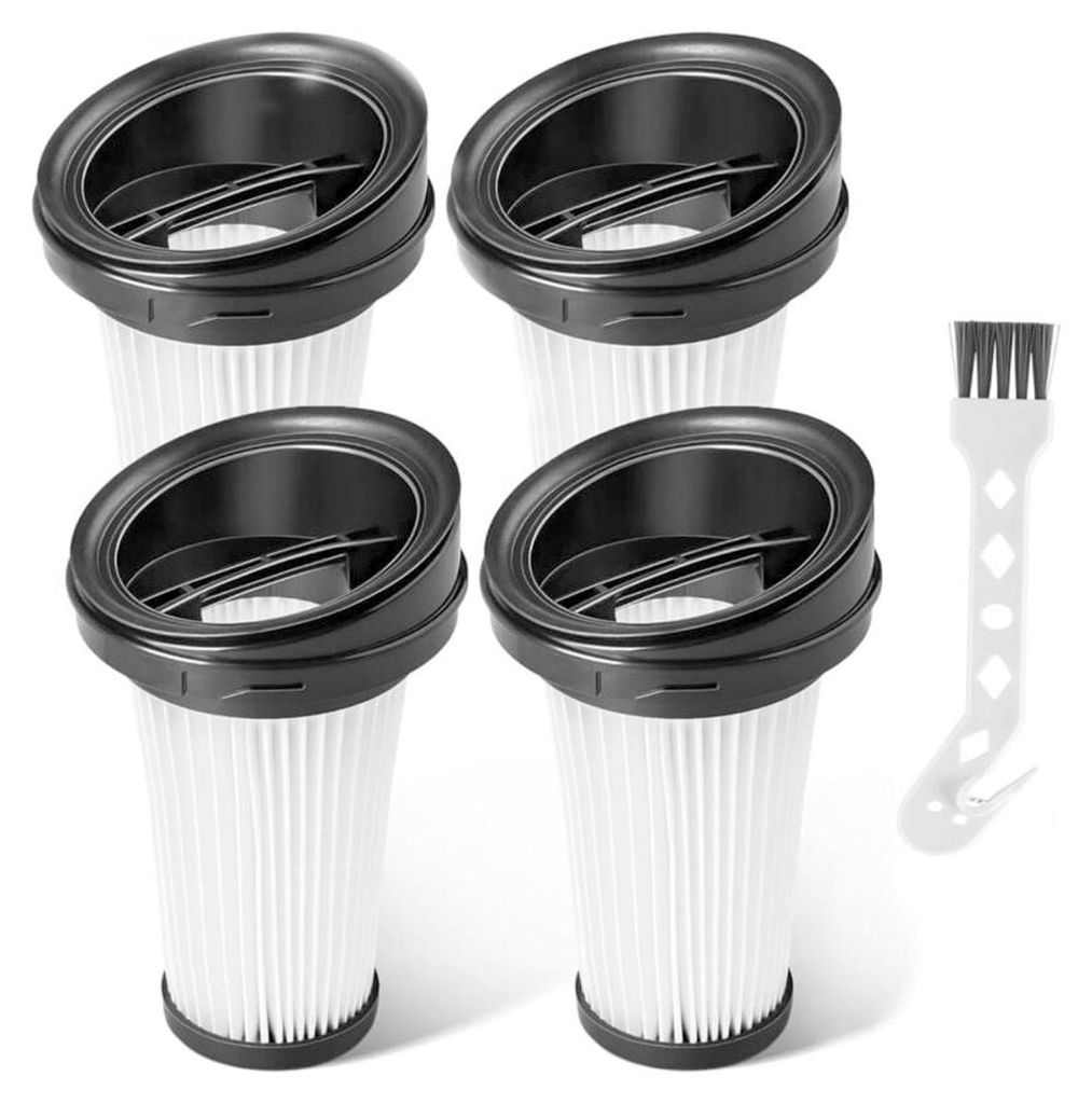 Four vacuum cleaner filters and a small cleaning brush are arranged on a white background.